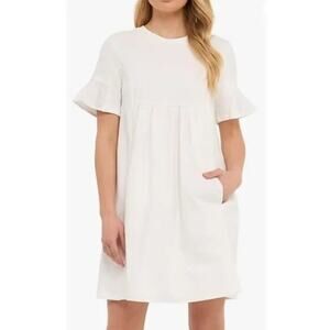 English Factory White Cotton Baby Doll‎ Dress Pockets Bell Sleeve Size Large